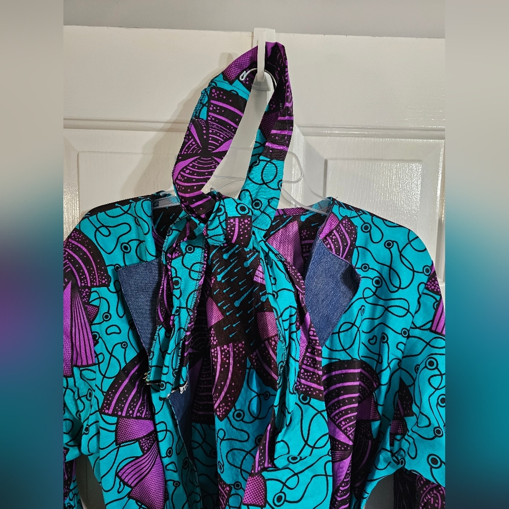 Marine Imports Womens Plus Ankara Turquoise Cotton Wax Print Dress Scarf Rare - Picture 4 of 8